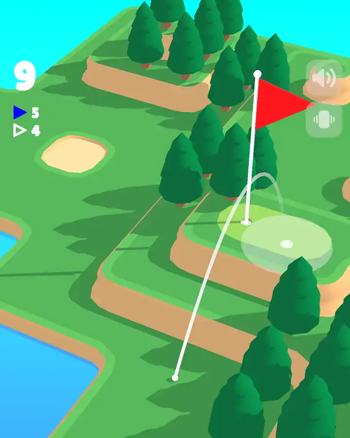 Percurso em pequenas ilhas com a trajetória da bola até à bandeira, no Coffee Golf