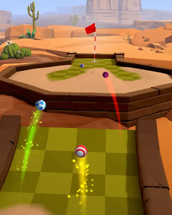 Buraco de minigolfe num canyon do deserto com várias bolas em jogo, no Golf Battle