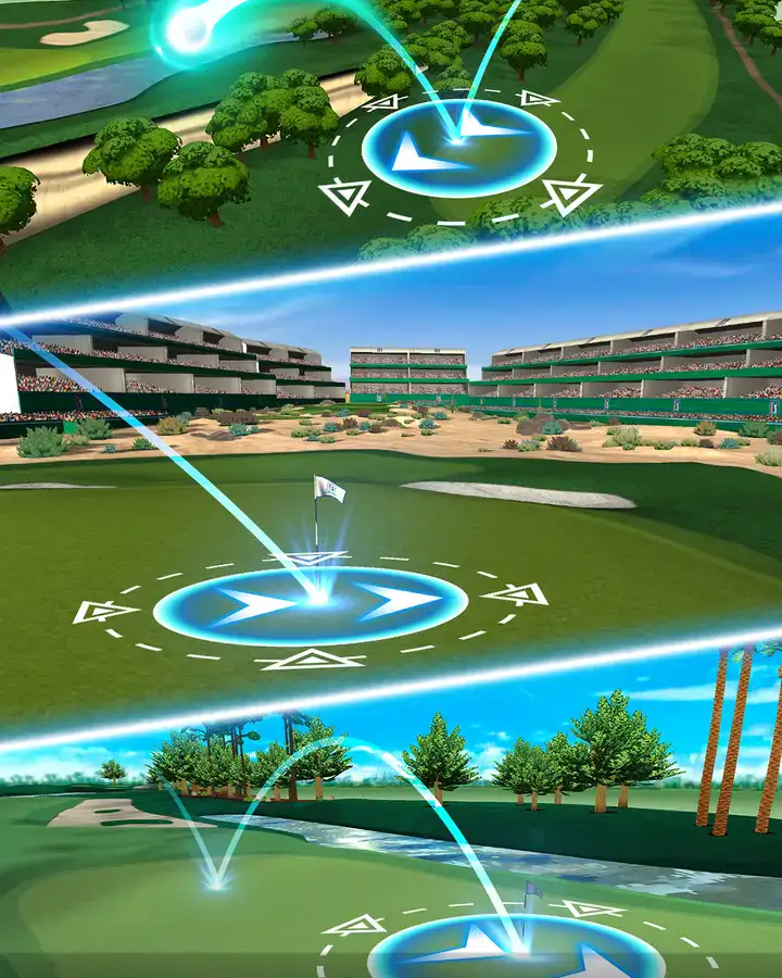 Mira circular desenhada sobre três campos TPC, no PGA TOUR Golf Shootout