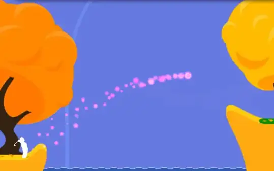 Trajetória da bola sobre a água entre árvores de outono, no Super Stickman Golf